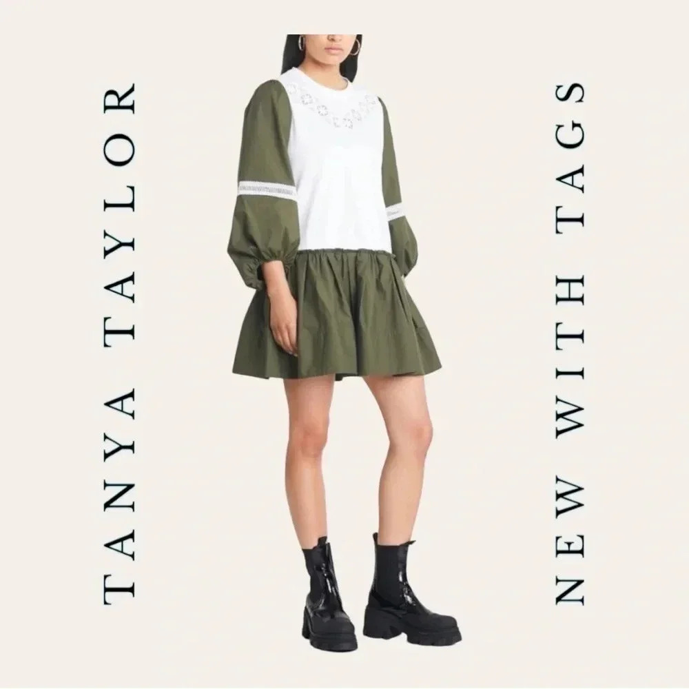 133. TANYA TAYLOR KIRSTIE COLOR BLOCK MIDI DRESS SIZE SMALL HUNTER GREEN/WHITE‎
